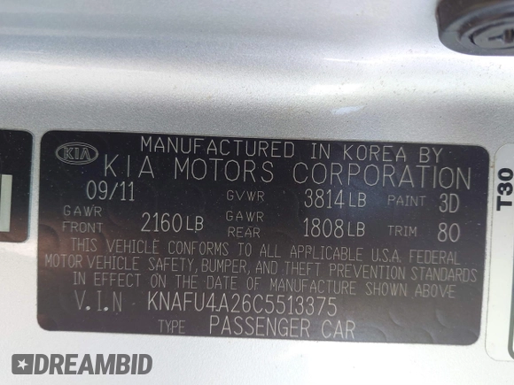 2012 Kia Forte EX with VIN KNAFU4A26C5513375, listed as a IAAI auction lot 41891066 with 181,877 mi miles. Bid and sale history available at carsss.com. Image 9.