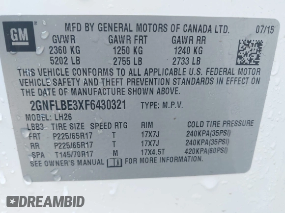 2015 Chevrolet Equinox LT with VIN 2GNFLBE3XF6430321, listed as a IAAI auction lot 41928847 with 153,987 mi miles and . Bid and sale history available at carsss.com. Image 9.