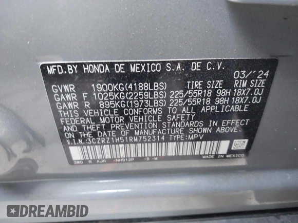2024 Honda HR-V Sport with VIN 3CZRZ1H51RM752314, listed as a IAAI auction lot 42130406 with 10,435 mi miles and . Bid and sale history available at DreamBid. Image 9.