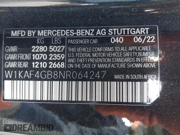 2022 Mercedes-Benz C 300 with VIN W1KAF4GB8NR064247, listed as a IAAI auction lot 40950205 with 24,313 mi miles and . Bid and sale history available at DreamBid. Image 9.