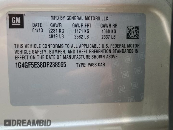 2013 Buick LaCrosse Premium 1 with VIN 1G4GF5E38DF238965, listed as a Copart auction lot 58130755 with 89,287 mi miles and Salvage title. Bid and sale history available at DreamBid. Image 13.