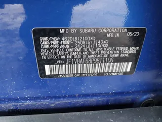 2023 Subaru WRX Premium with VIN JF1VBAF68P9811106, listed as a IAAI auction lot 41755931 with 19,927 mi miles and . Bid and sale history available at DreamBid. Image 9.