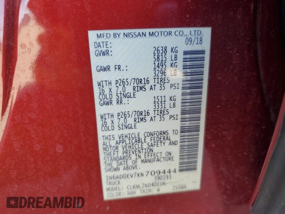 2019 Nissan Frontier SV with VIN 1N6AD0EV7KN709444, listed as a Copart auction lot 56786245 with 56,164 mi miles and Salvage title. Bid and sale history available at DreamBid. Image 13.