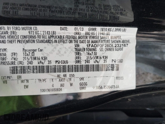2013 Ford Focus SE z VIN 1FADP3F28DL232167, wystawiony jako IAAI lot #42551700 z przebiegiem 190 117 mil mil oraz . Historia ofert i sprzedaży dostępna na DreamBid. Obrazek 9.
