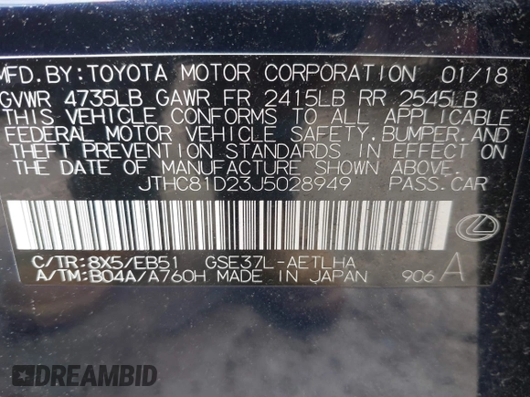 2018 Lexus IS 300 with VIN JTHC81D23J5028949, listed as a IAAI auction lot 42347874 with 60,895 mi miles and . Bid and sale history available at DreamBid. Image 9.