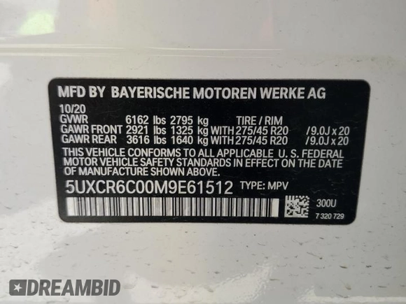 2021 BMW X5 xDrive40i with VIN 5UXCR6C00M9E61512, listed as a Copart auction lot 56456745 with Not provided miles and Salvage title. Bid and sale history available at DreamBid. Image 13.