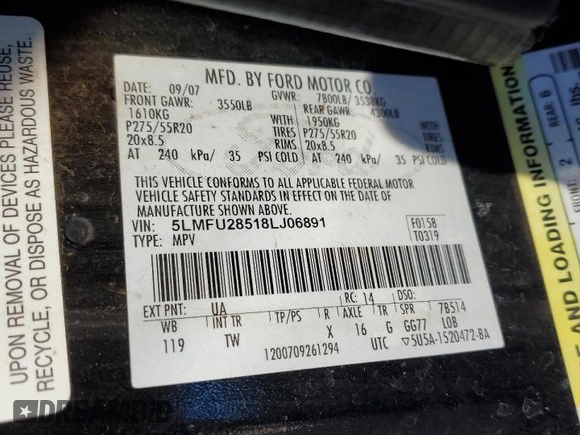 2008 Lincoln Navigator z VIN 5LMFU28518LJ06891, wystawiony jako Copart lot #46435275 z przebiegiem 192 856 mil mil oraz Szkoda całkowita • Salvage title. Historia ofert i sprzedaży dostępna na DreamBid. Obrazek 14.