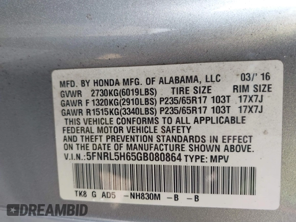 2016 Honda Odyssey EX-L with VIN 5FNRL5H65GB080864, listed as a IAAI auction lot 41476716 with 171,550 mi miles. Bid and sale history available at carsss.com. Image 9.