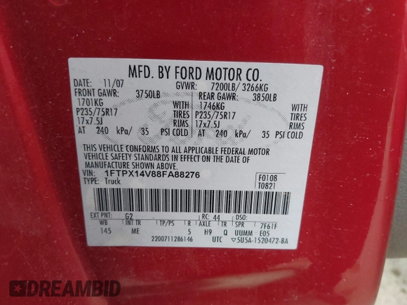 2008 Ford F-150 XLT with VIN 1FTPX14V88FA88276, listed as a IAAI auction lot 42059951 with 191,581 mi miles. Bid and sale history available at carsss.com. Image 9.