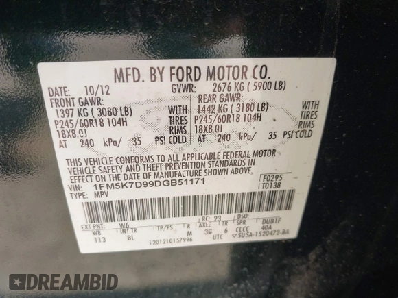 2013 Ford Explorer XLT z VIN 1FM5K7D99DGB51171, wystawiony jako IAAI lot #41879029 z przebiegiem 135 264 mil mil oraz . Historia ofert i sprzedaży dostępna na DreamBid. Obrazek 9.