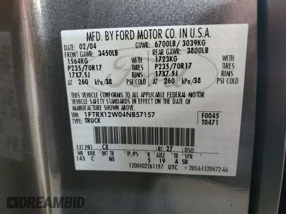 2004 Ford F-150 STX with VIN 1FTRX12W04NB57157, listed as a Copart auction lot 56952615 with 88,961 mi miles and Salvage title. Bid and sale history available at DreamBid. Image 12.