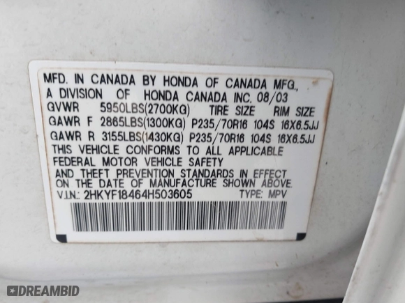 2004 Honda Pilot EX with VIN 2HKYF18464H503605, listed as a IAAI auction lot 41373673 with 112,919 mi miles. Bid and sale history available at carsss.com. Image 9.