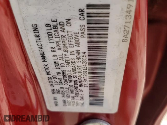 2001 Chevrolet Prizm with VIN 1Y1SK52811Z428154, listed as a Copart auction lot 44947305 with Not provided miles and Salvage title. Bid and sale history available at DreamBid. Image 13.