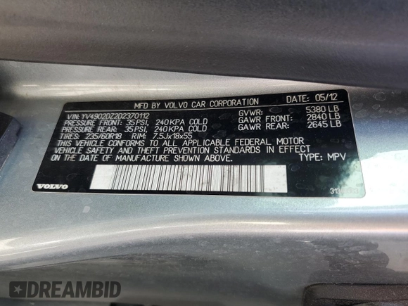 2013 Volvo XC60 T6 with VIN YV4902DZ2D2370112, listed as a Copart auction lot 64323455 with 118,714 mi miles and Salvage title. Bid and sale history available at DreamBid. Image 14.