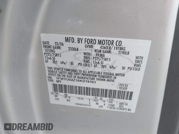 2006 Ford Escape XLS with VIN 1FMYU02Z16KD19161, listed as a IAAI auction lot 41539211 with 153,645 mi miles and . Bid and sale history available at DreamBid. Image 9.