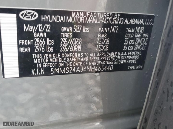 2022 Hyundai Santa Fe SEL with VIN 5NMS24AJ4NH465440, listed as a Copart auction lot 48387065 with 45,035 mi miles and Non Repairable. Bid and sale history available at carsss.com. Image 14.