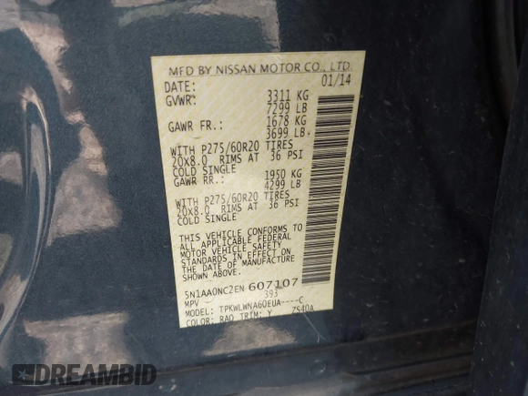 2014 Nissan Armada SV z VIN 5N1AA0NC2EN607107, wystawiony jako IAAI lot #42198605 z przebiegiem 241 099 mil mil oraz . Historia ofert i sprzedaży dostępna na DreamBid. Obrazek 9.