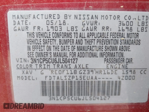 2018 Nissan Kicks SV с VIN 3N1CP5CU6JL504127, выставлен на аукционе IAAI как лот 42237627 с пробегом 72 253 миль миль и . История ставок и продаж доступна на DreamBid. Изображение 9.