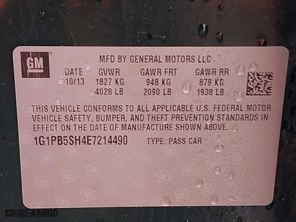 2014 Chevrolet Cruze LS with VIN 1G1PB5SH4E7214490, listed as a IAAI auction lot 41745330 with 110,698 mi miles. Bid and sale history available at carsss.com. Image 9.