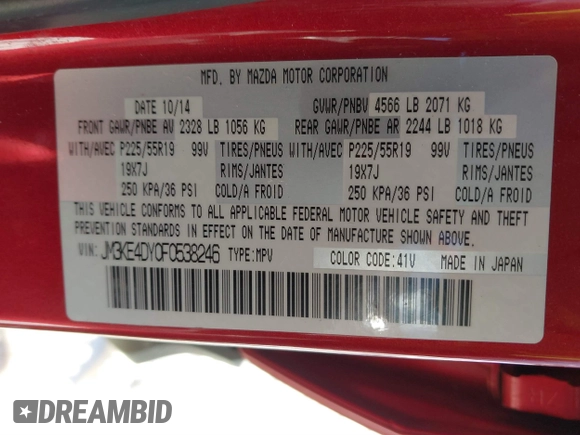 2015 Mazda CX-5 Grand Touring with VIN JM3KE4DY0F0538246, listed as a IAAI auction lot 41629662 with 87,788 mi miles. Bid and sale history available at carsss.com. Image 9.