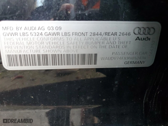 2009 Audi A6 with VIN WAUDV74FX9N052436, listed as a Copart auction lot 50123985 with 135,057 mi miles and Clean Title. Bid and sale history available at carsss.com. Image 12.