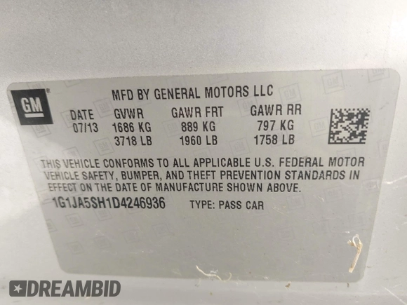 2013 Chevrolet Sonic LS with VIN 1G1JA5SH1D4246936, listed as a IAAI auction lot 42665664 with 124,464 mi miles and . Bid and sale history available at DreamBid. Image 9.