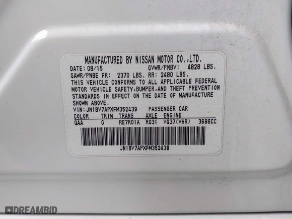 2015 Infiniti Q50 Premium with VIN JN1BV7APXFM352439, listed as a IAAI auction lot 41585855 with NaN miles. Bid and sale history available at carsss.com. Image 9.