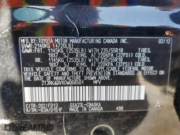 2012 Toyota RAV4 Sport с VIN 2T3RK4DVXCW068501, выставлен на аукционе Copart как лот 50553465 с пробегом 151 225 миль миль и Списание • Salvage title. История ставок и продаж доступна на DreamBid. Изображение 13.