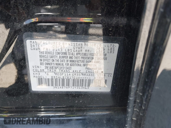 2018 Nissan Sentra S with VIN 3N1AB7AP7JY313463, listed as a IAAI auction lot 42178420 with 140,221 mi miles and . Bid and sale history available at DreamBid. Image 9.