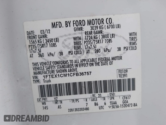 2012 Ford F-150 XL with VIN 1FTEX1CM1CFB36757, listed as a IAAI auction lot 41918977 with 108,193 mi miles. Bid and sale history available at carsss.com. Image 9.