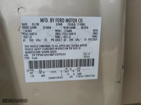 2008 Ford F-150 XLT with VIN 1FTPW12V38FC07633, listed as a Copart auction lot 49893095 with 212,090 mi miles and Salvage Title. Bid and sale history available at carsss.com. Image 12.