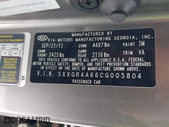 2012 Kia Optima SX with VIN 5XXGR4A66CG005804, listed as a IAAI auction lot 41499342 with 115,808 mi miles and . Bid and sale history available at carsss.com. Image 9.