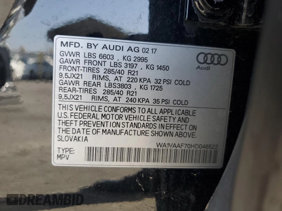 2017 Audi Q7 Prestige с VIN WA1VAAF70HD046522, выставлен на аукционе Copart как лот 61651525 с пробегом 49 254 миль миль и Чистый • Clean title. История ставок и продаж доступна на DreamBid. Изображение 13.