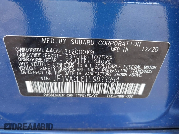2020 Subaru WRX STI with VIN JF1VA2E61L9833954, listed as a IAAI auction lot 42336349 with 58,668 mi miles and . Bid and sale history available at DreamBid. Image 9.