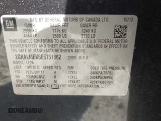 2014 GMC Terrain SLE z VIN 2GKALMEK6E6151862, wystawiony jako IAAI lot #41764074 z przebiegiem 111 879 mil mil oraz . Historia ofert i sprzedaży dostępna na DreamBid. Obrazek 9.