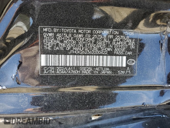 2006 Lexus IS 250 z VIN JTHCK262362000422, wystawiony jako Copart lot #50552415 z przebiegiem 221 730 mil mil oraz Szkoda całkowita • Salvage title. Historia ofert i sprzedaży dostępna na DreamBid. Obrazek 14.