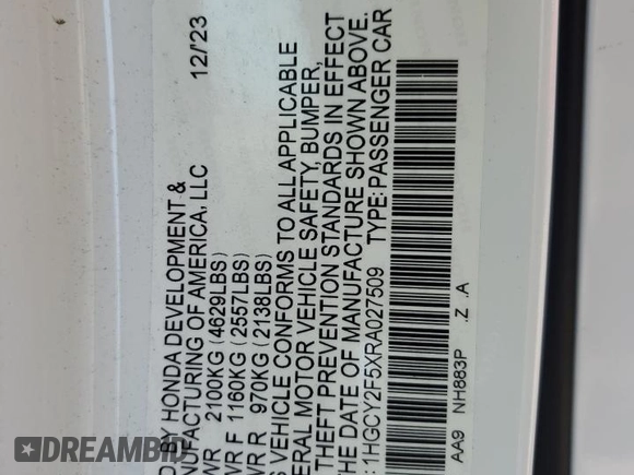 2024 Honda Accord Sport with VIN 1HGCY2F5XRA027509, listed as a Copart auction lot 61253035 with 42,399 mi miles and Salvage title. Bid and sale history available at DreamBid. Image 12.