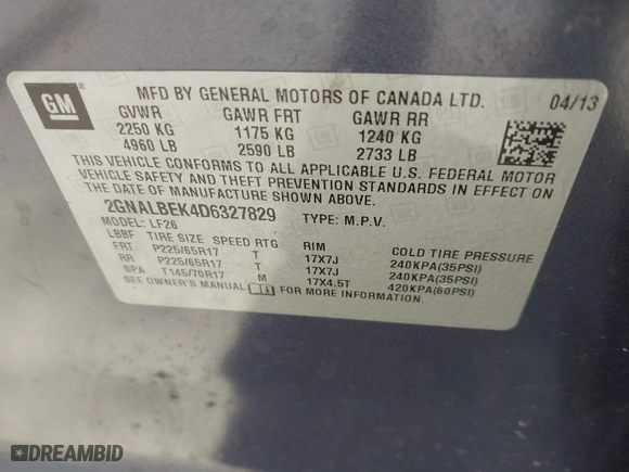 2013 Chevrolet Equinox LS with VIN 2GNALBEK4D6327829, listed as a IAAI auction lot 41779176 with 217,985 mi miles. Bid and sale history available at carsss.com. Image 9.