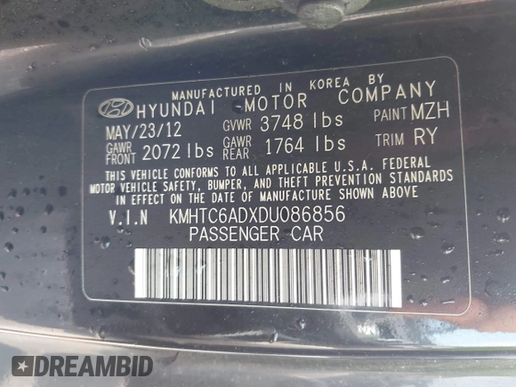 2013 Hyundai Veloster w/Gray Int with VIN KMHTC6ADXDU086856, listed as a IAAI auction lot 42503453 with 187,657 mi miles and . Bid and sale history available at DreamBid. Image 9.