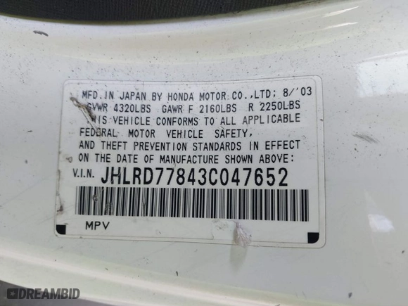 2003 Honda CR-V EX with VIN JHLRD77843C047652, listed as a IAAI auction lot 41932858 with 209,595 mi miles. Bid and sale history available at carsss.com. Image 9.