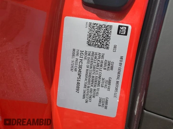 2023 Chevrolet Corvette 3LT с VIN 1G1YC3D45P5140897, выставлен на аукционе Copart как лот 85944984 с пробегом 2 699 миль миль и Списание • Salvage title. История ставок и продаж доступна на DreamBid. Изображение 12.
