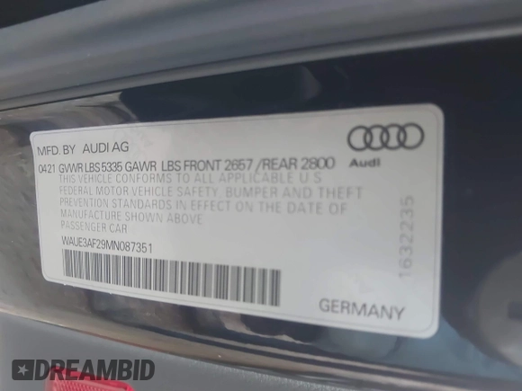 2021 Audi A6 Premium Plus with VIN WAUE3AF29MN087351, listed as a IAAI auction lot 41097268 with 43,202 mi miles. Bid and sale history available at carsss.com. Image 9.