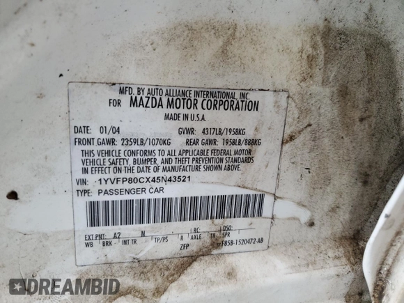 2004 Mazda 6 i with VIN 1YVFP80CX45N43521, listed as a Copart auction lot 73315234 with 182,697 mi miles and Salvage Title. Bid and sale history available at DreamBid. Image 14.