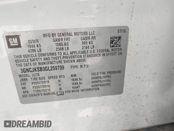 2016 Chevrolet Trax LS z VIN 3GNCJKSB0GL259709, wystawiony jako IAAI lot #42378736 z przebiegiem 114 054 mil mil oraz . Historia ofert i sprzedaży dostępna na DreamBid. Obrazek 9.
