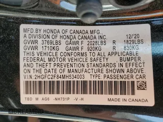 2021 Honda Civic Sedan Sport with VIN 2HGFC2F84MH534003, listed as a Copart auction lot 49717175 with 78,330 mi miles and Salvage Title. Bid and sale history available at carsss.com. Image 12.