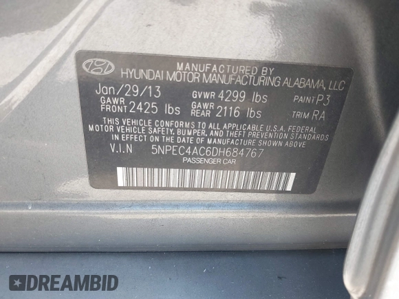 2013 Hyundai Sonata Limited with VIN 5NPEC4AC6DH684767, listed as a IAAI auction lot 41860059 with 76,233 mi miles and . Bid and sale history available at DreamBid. Image 9.