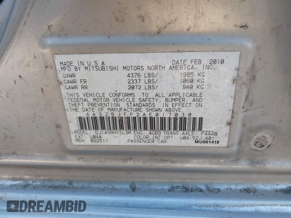 2010 Mitsubishi Galant ES with VIN 4A32B3FF2AE017030, listed as a IAAI auction lot 41456003 with 285,814 mi miles. Bid and sale history available at carsss.com. Image 9.