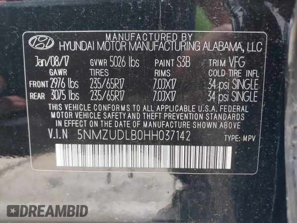 2017 Hyundai Santa Fe 2.4L with VIN 5NMZUDLB0HH037142, listed as a IAAI auction lot 42323880 with 87,396 mi miles and . Bid and sale history available at DreamBid. Image 9.