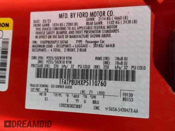 2023 Ford Mustang EcoBoost с VIN 1FATP8UHXP5110760, выставлен на аукционе Copart как лот 60175505 с пробегом 32 330 миль миль и Чистый • Clean title. История ставок и продаж доступна на DreamBid. Изображение 12.