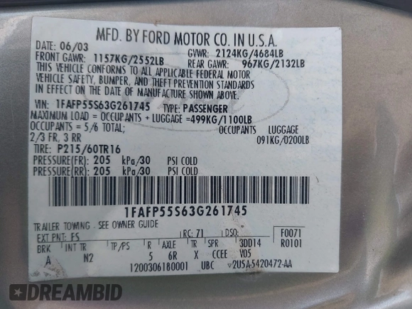 2003 Ford Taurus SES Standard with VIN 1FAFP55S63G261745, listed as a IAAI auction lot 42748792 with 89,766 mi miles and . Bid and sale history available at DreamBid. Image 9.